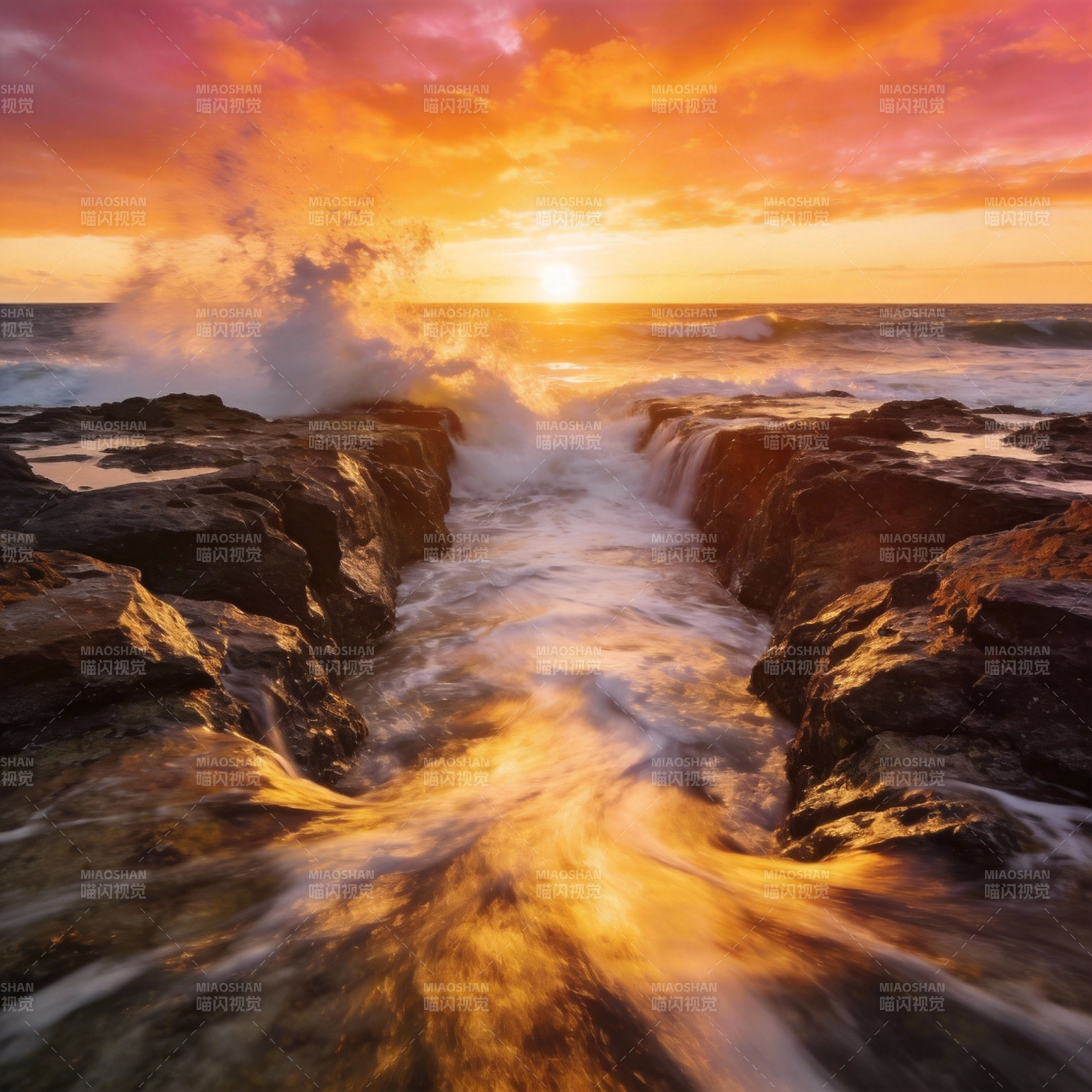 夕阳海浪岩石图片