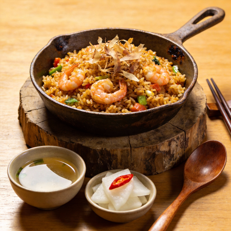 虾仁炒饭配小菜图片