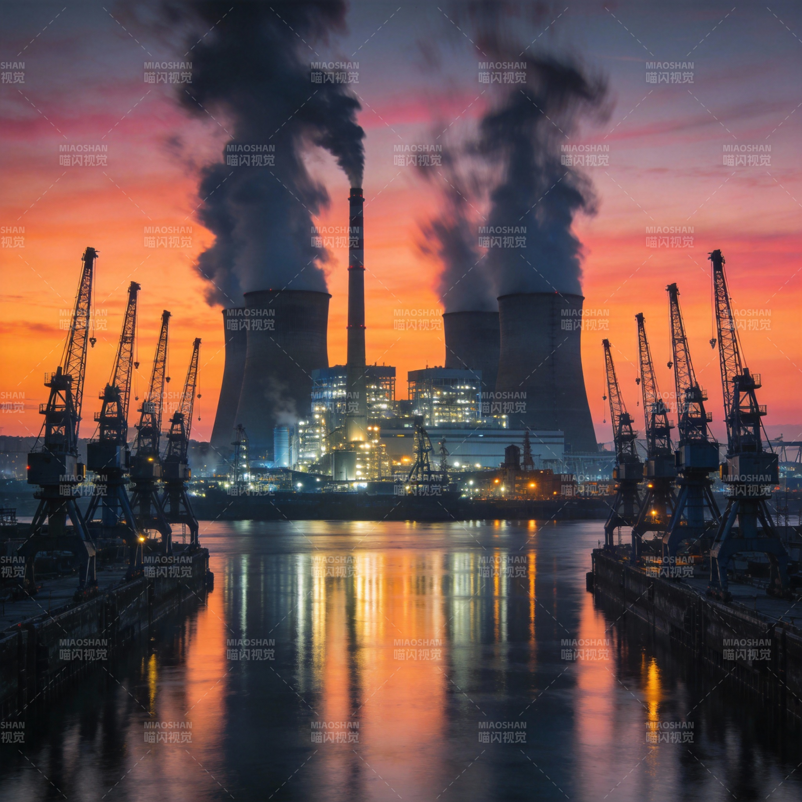 工业黄昏 烟塔映水图片