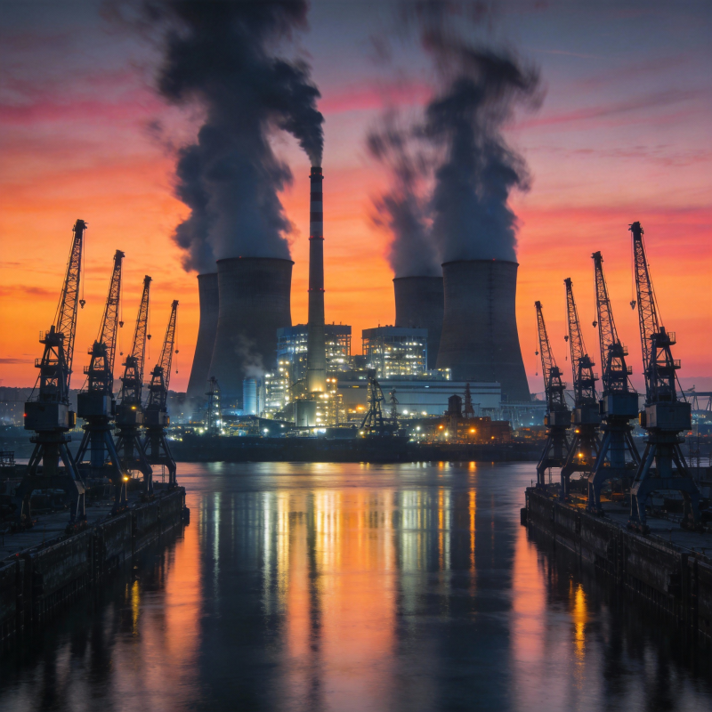 工业黄昏 烟塔映水图片