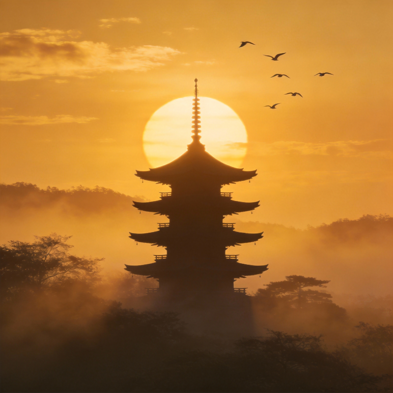 塔影夕阳 飞鸟归林图片