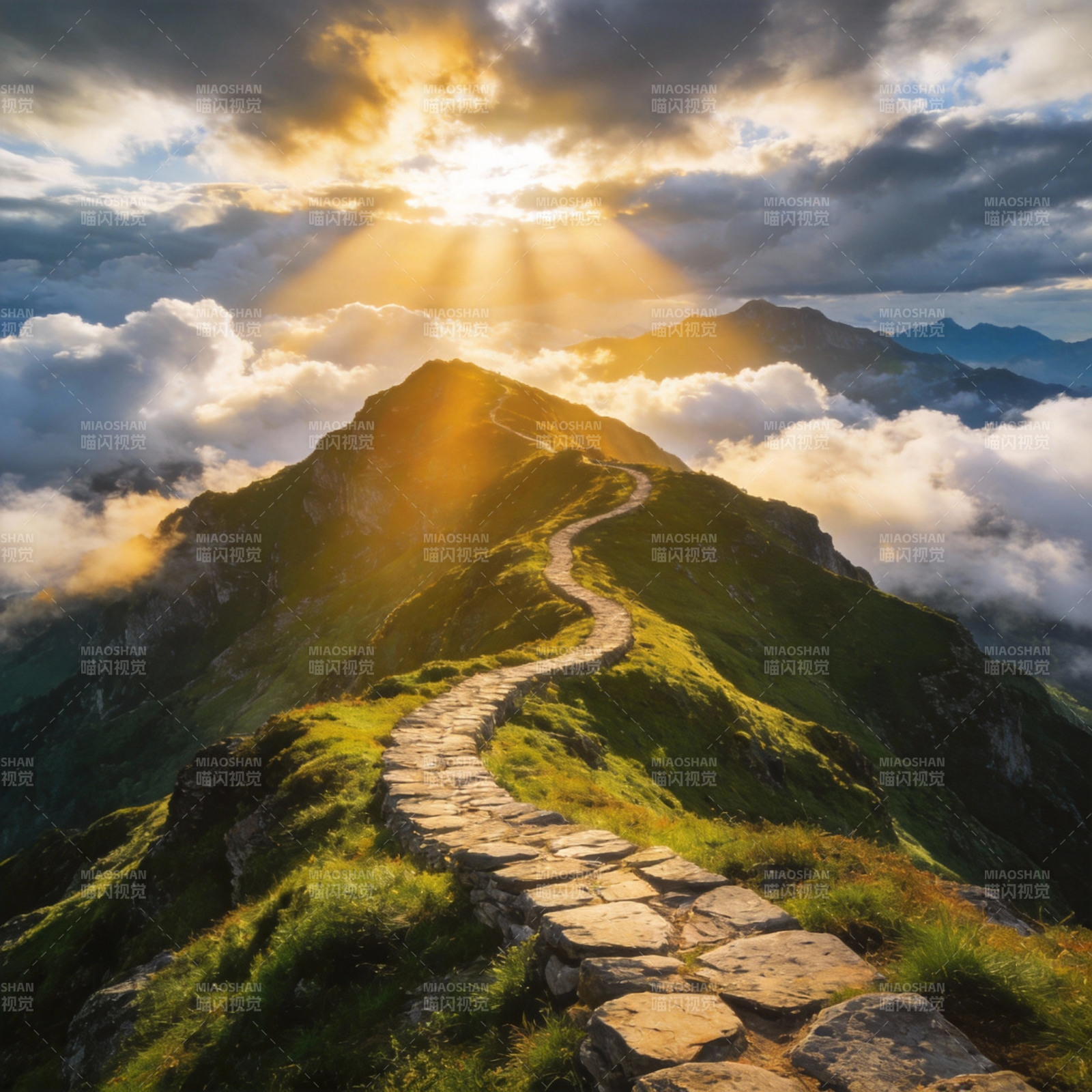 云海日出山径图片