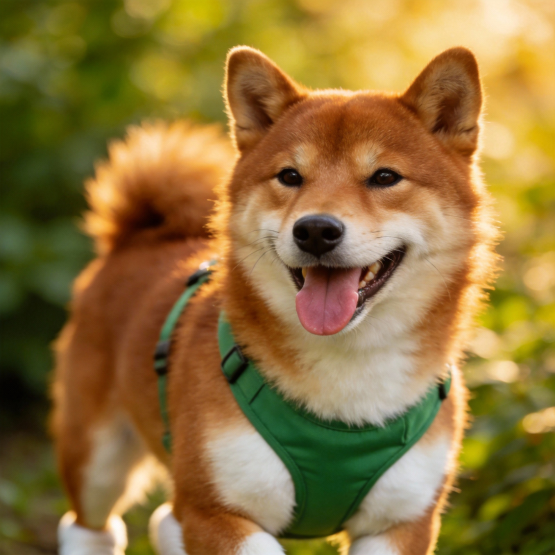 柴犬欢笑绿背带图片