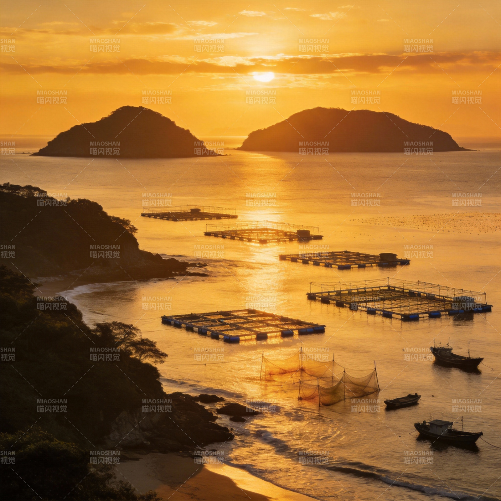 夕阳下的渔场风光图片