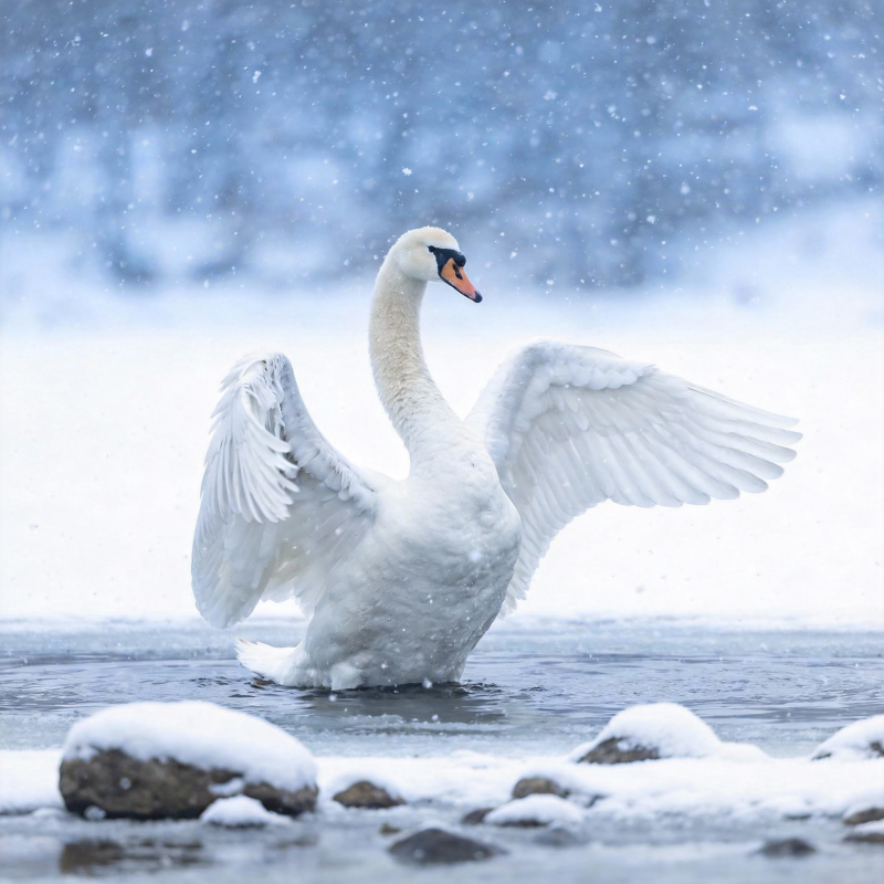 雪中展翅天鹅图片