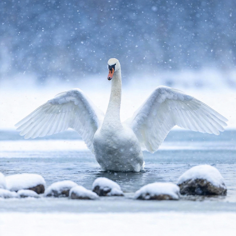 雪中天鹅展翅图片