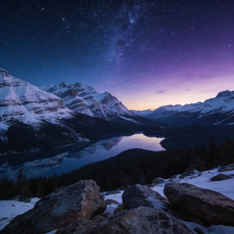 星夜雪山湖景图片