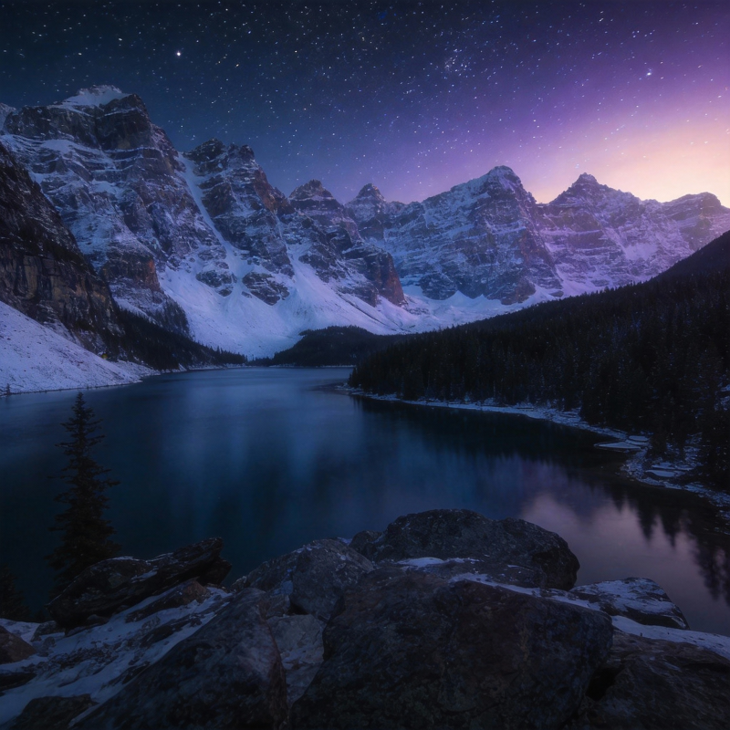 星夜雪山湖景图片