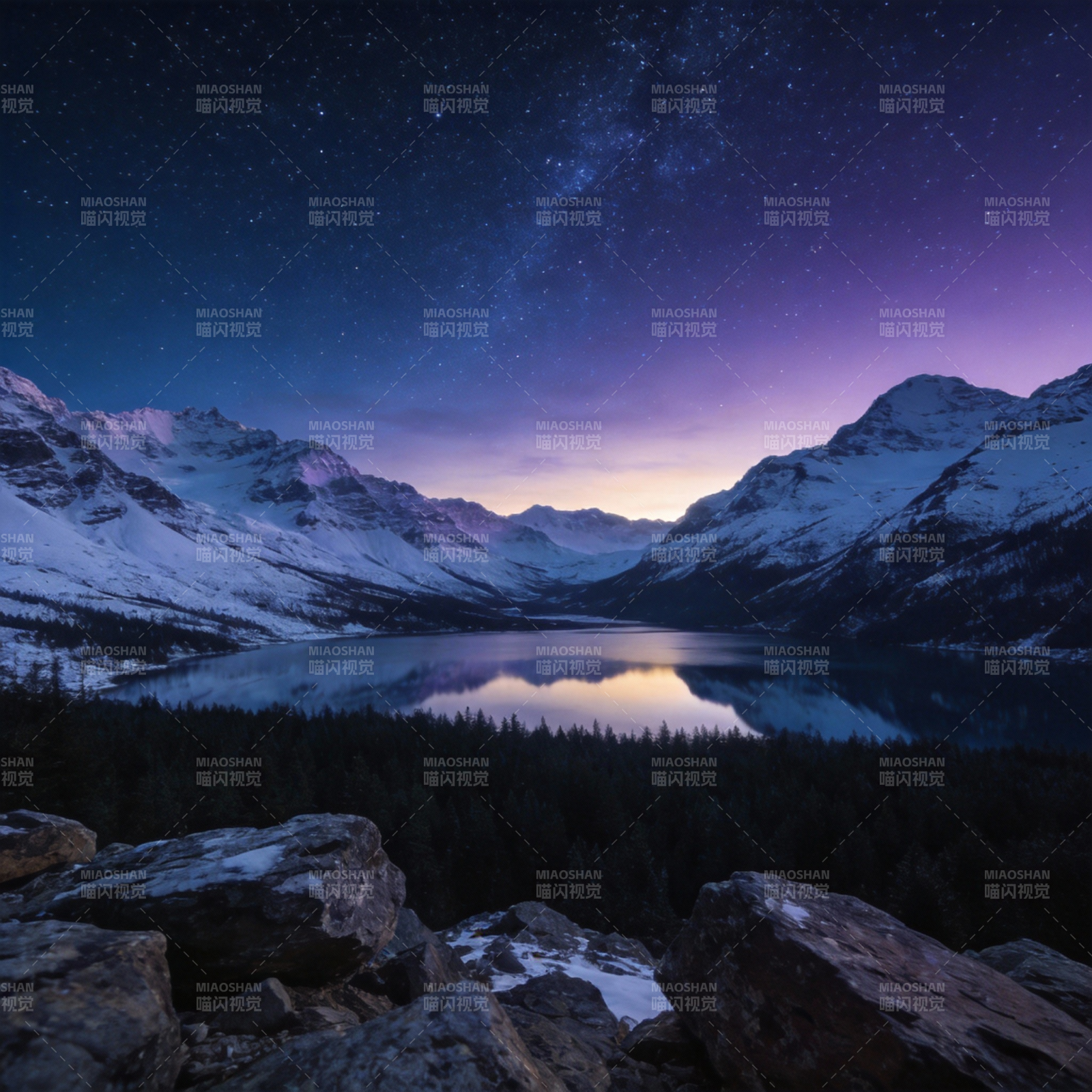 星夜雪山湖景图片