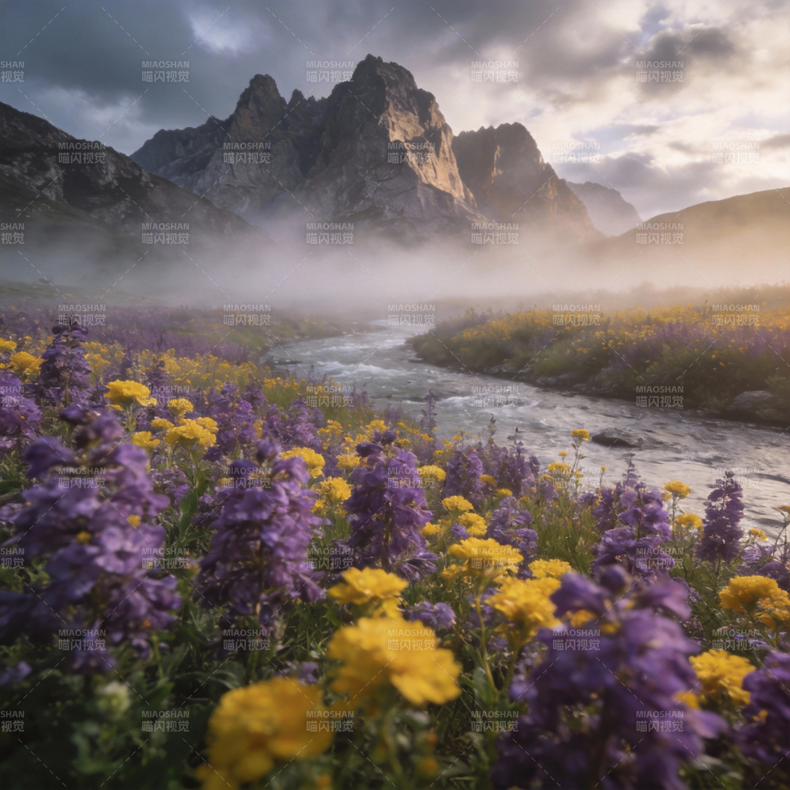 山花溪流雾中景图片