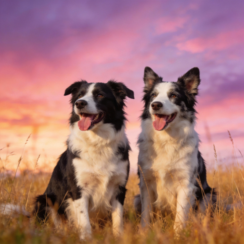 双犬共赏晚霞图片