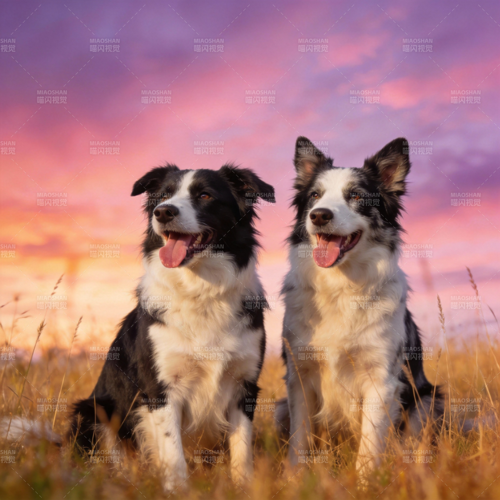 双犬共赏晚霞图片