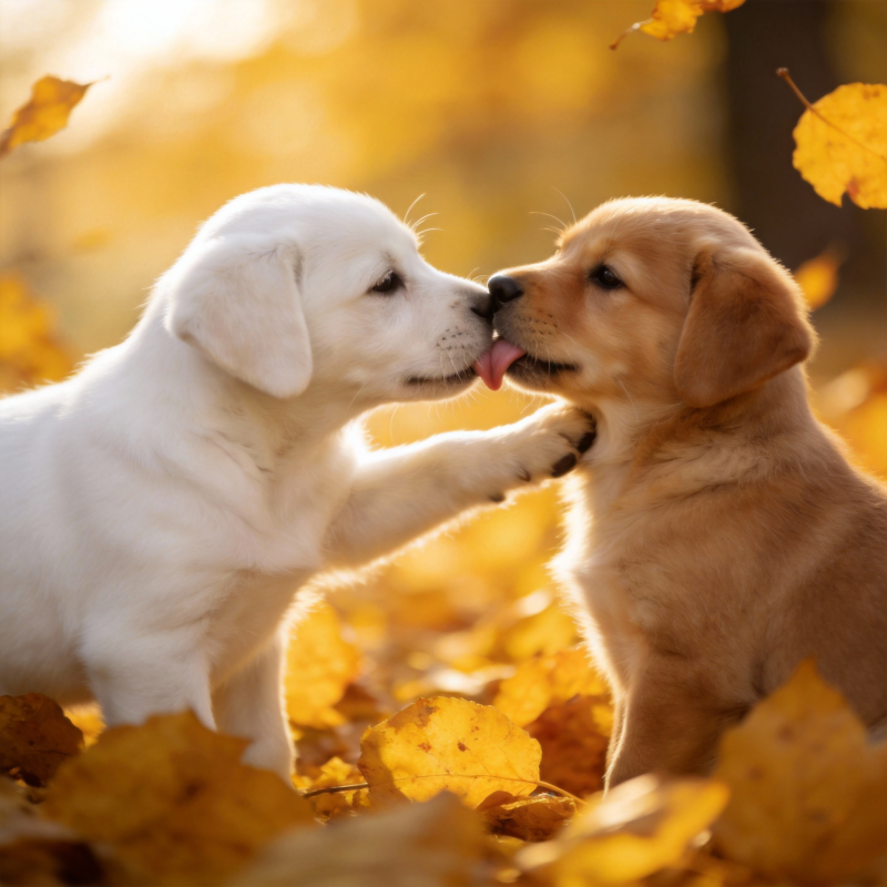 秋日萌犬亲吻图片