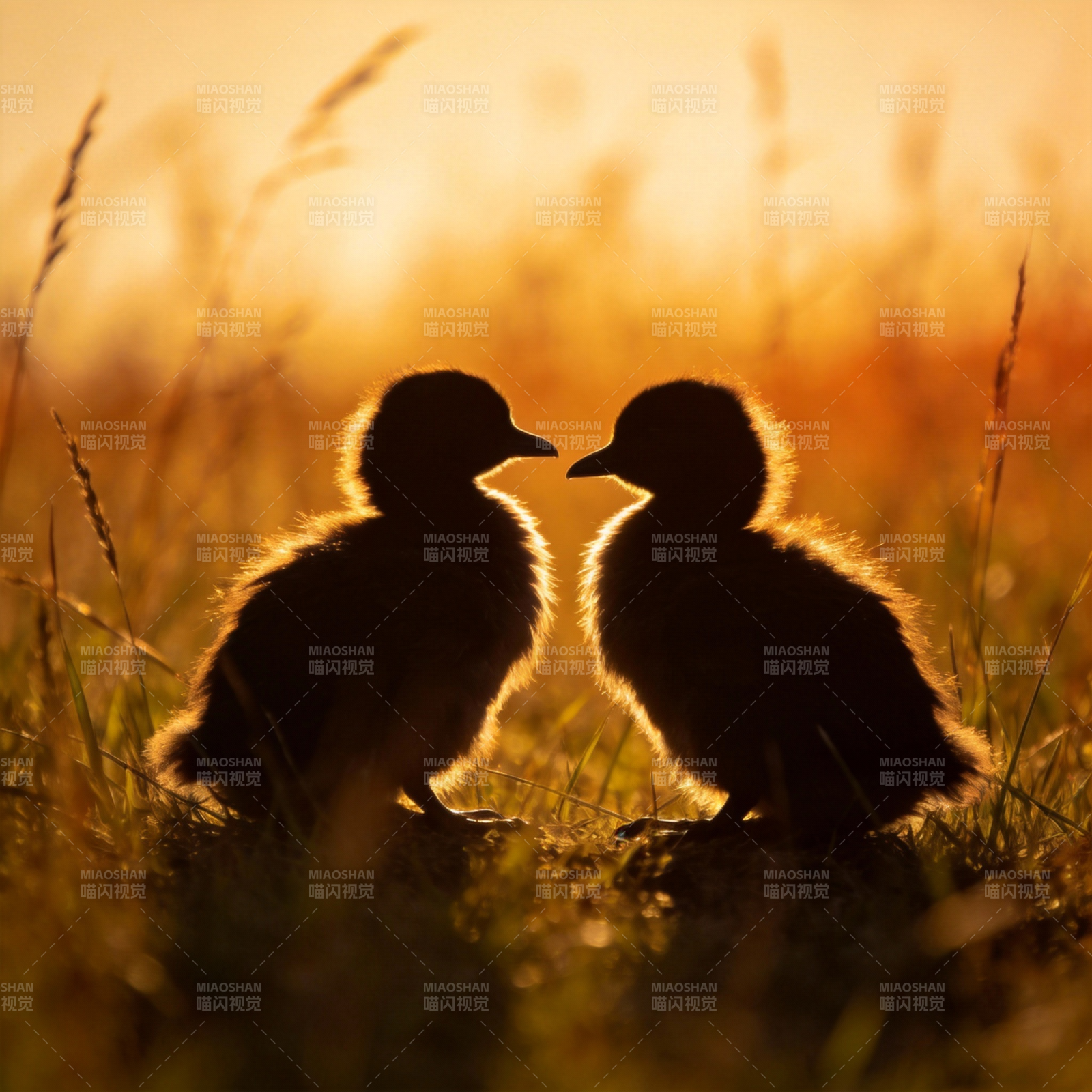 夕阳下的鸭雏剪影图片