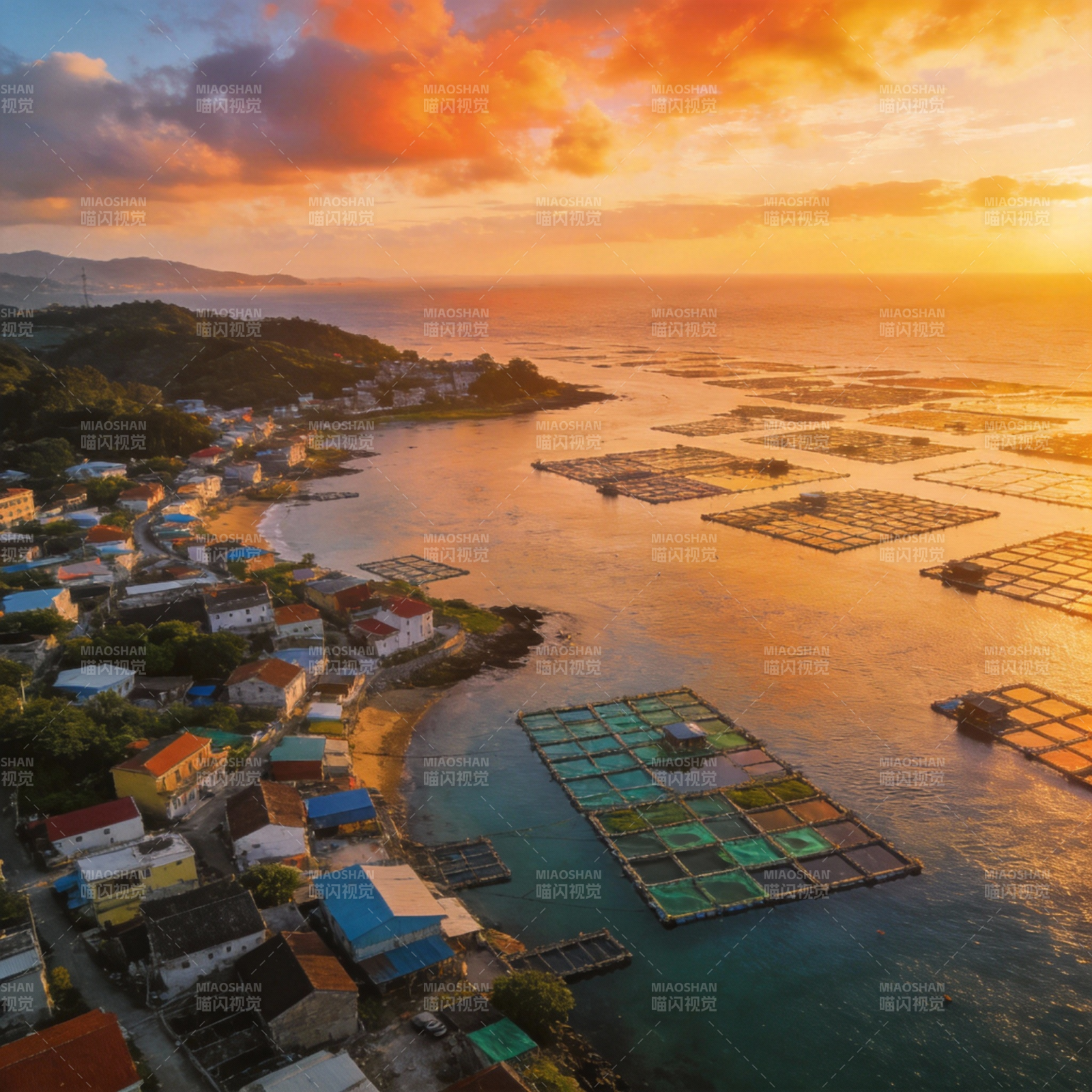 渔村夕阳美景图片