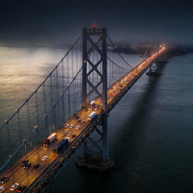 夜幕下的大桥灯火通明图片