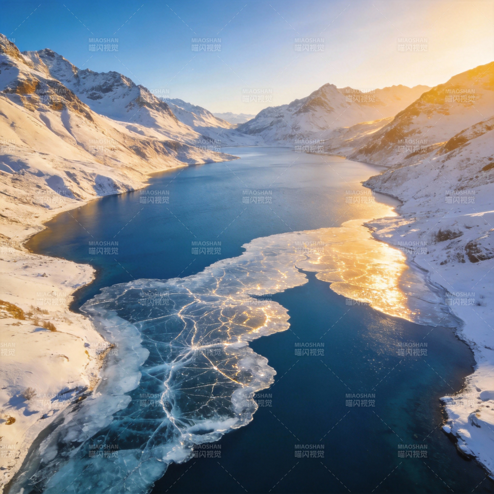 雪山冰湖晨光图片