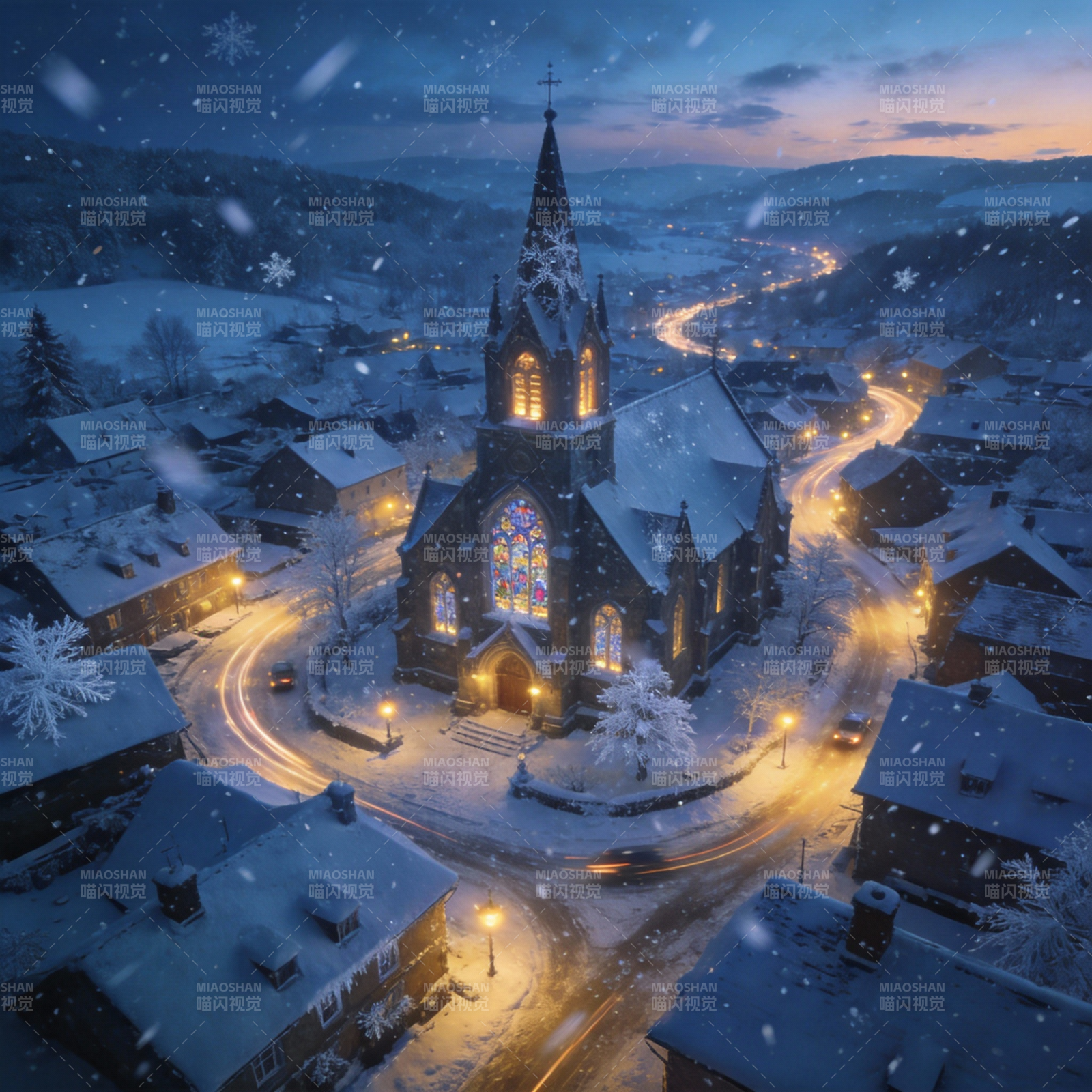 雪夜教堂灯火图片