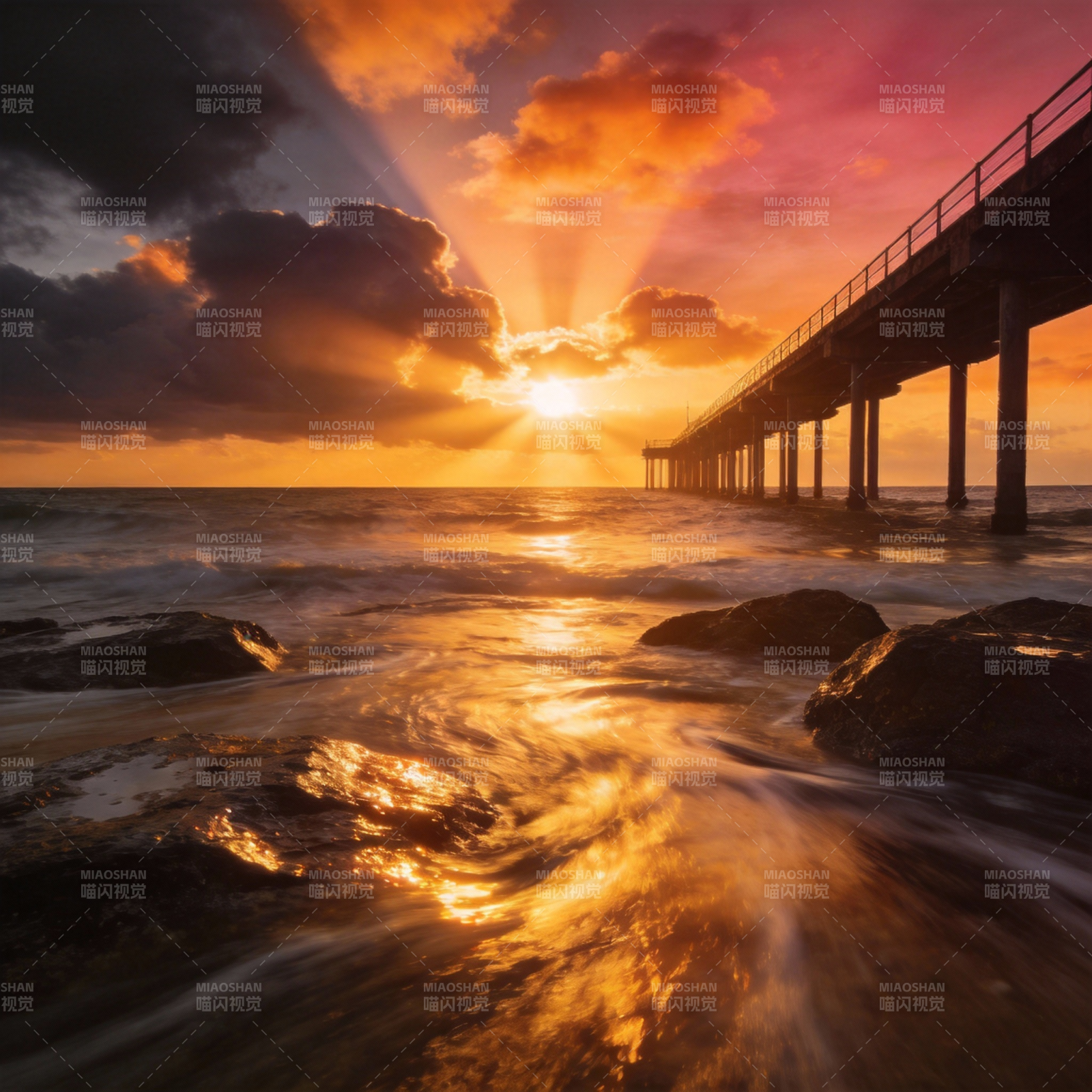 夕阳下的海桥美景图片