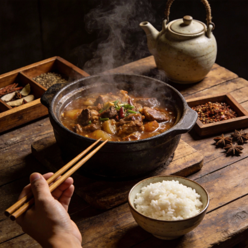热气腾腾的炖肉饭图片