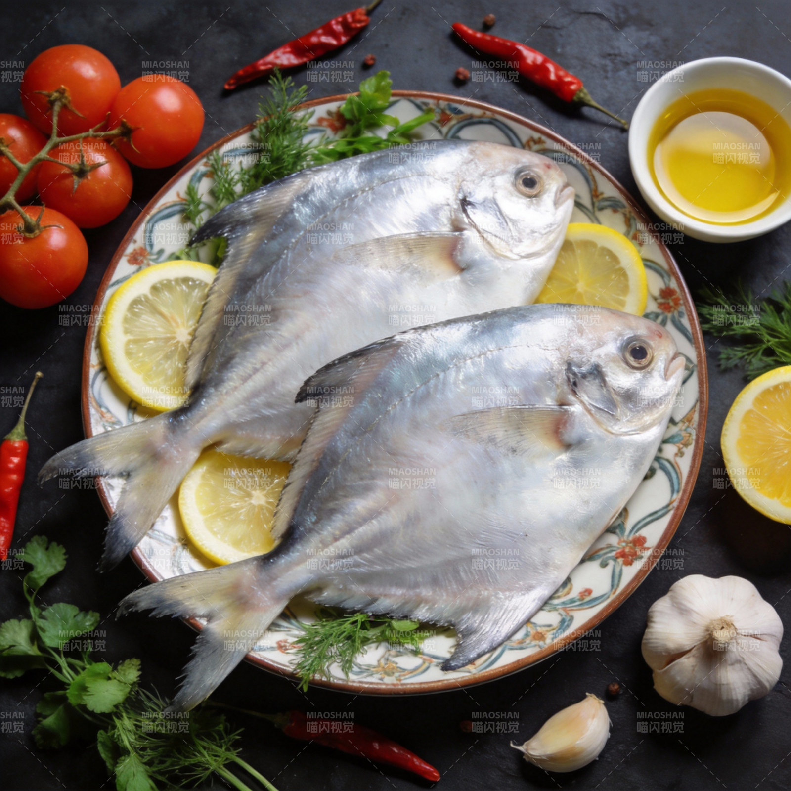 鲜鱼配柠檬香料图片