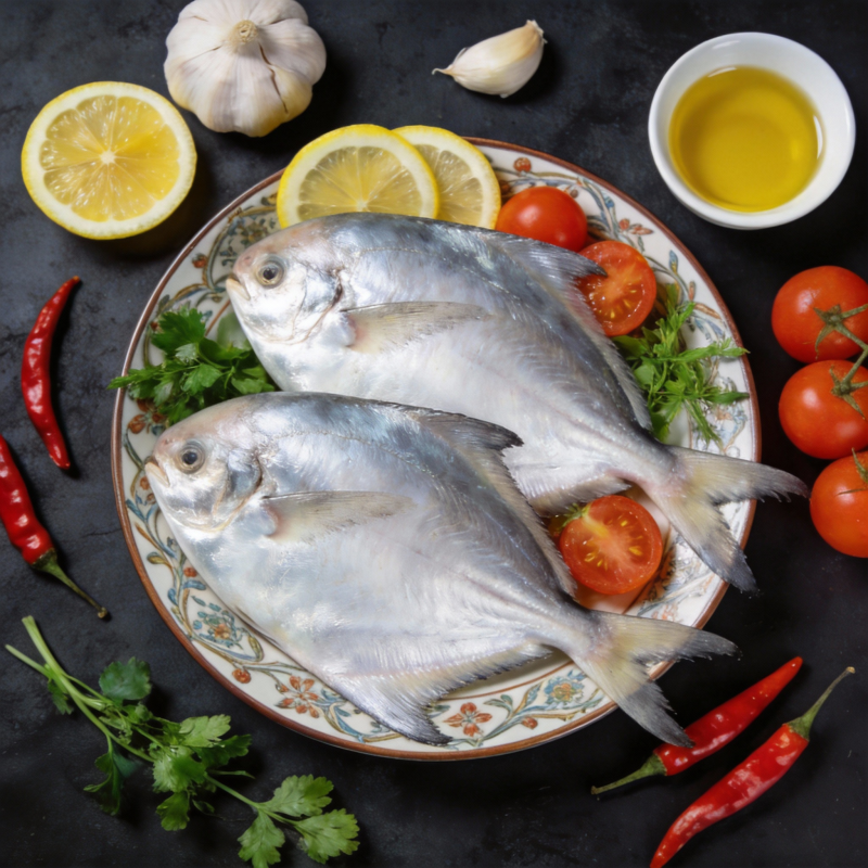 新鲜鲳鱼配蔬果图片