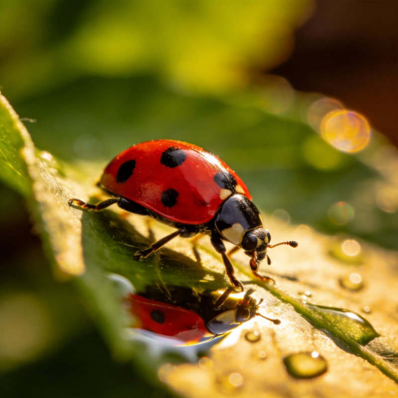 瓢虫叶上水珠倒影图片