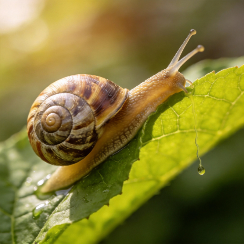 蜗牛爬叶 露珠相伴图片