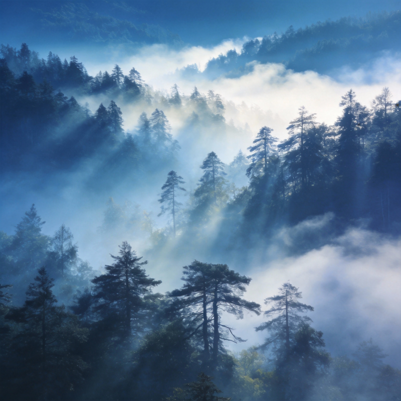 雾锁松林晨曦图片