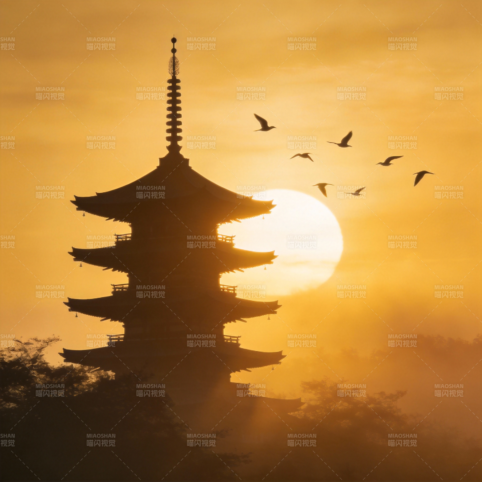 塔影日出飞鸟图片