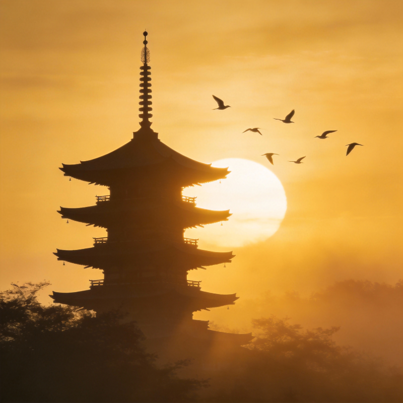 塔影日出飞鸟图片