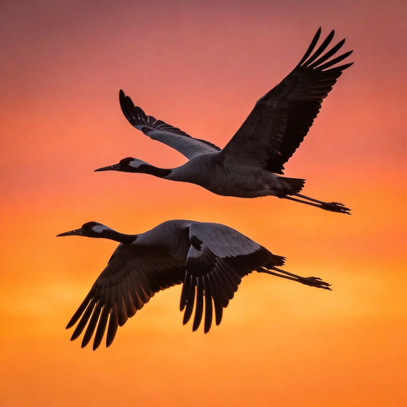 双鹤凌空 霞光映影图片