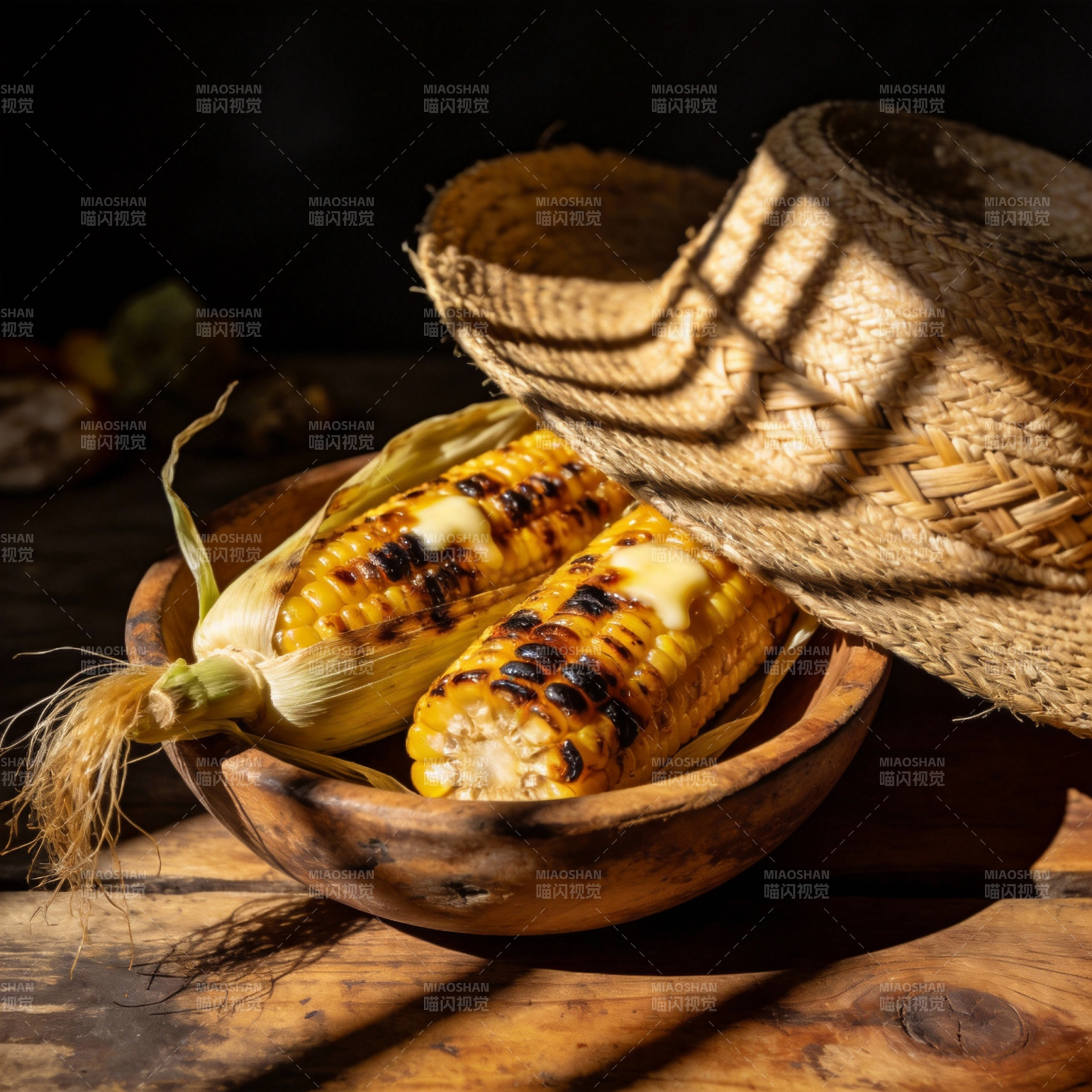烤玉米与草帽图片