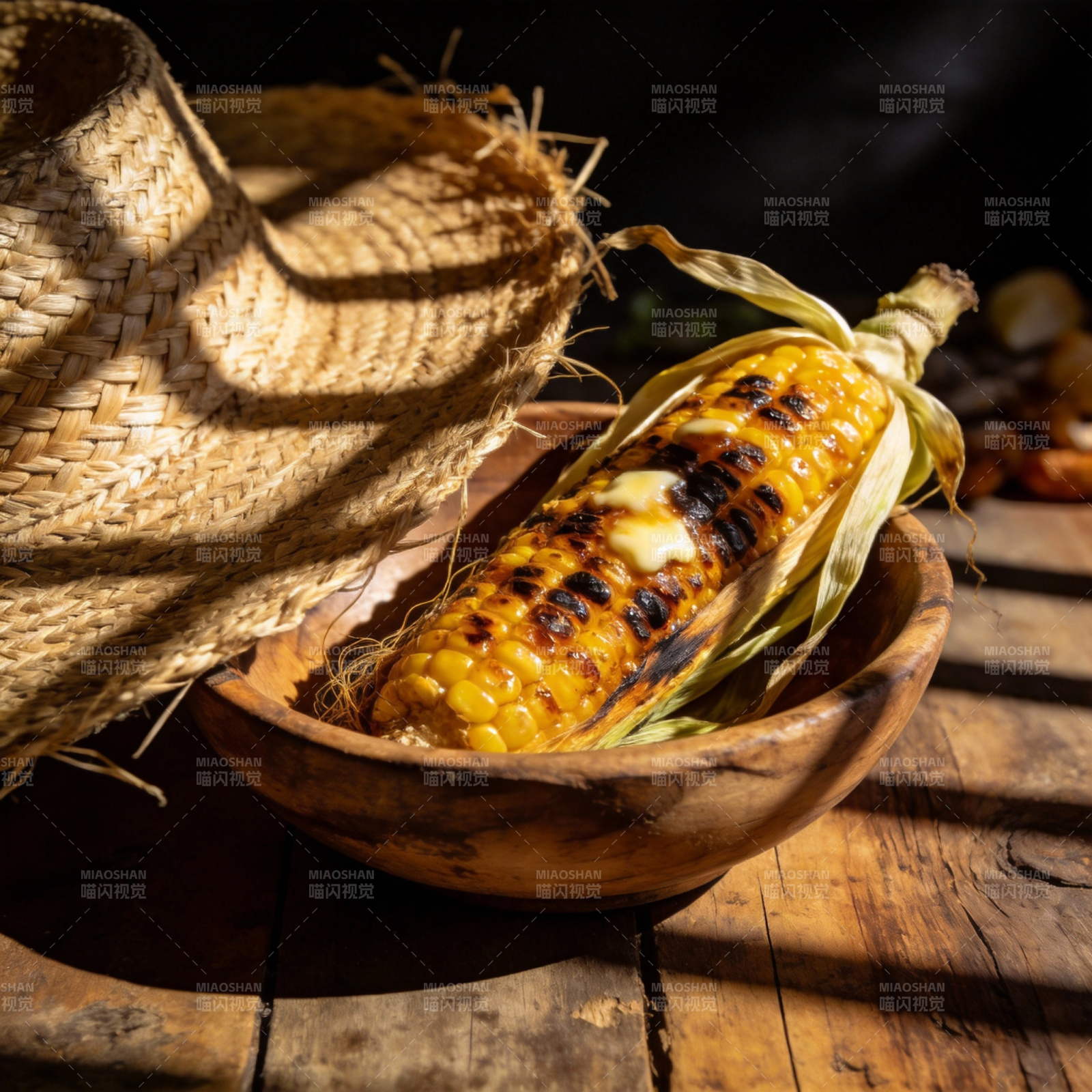 烤玉米与草帽图片