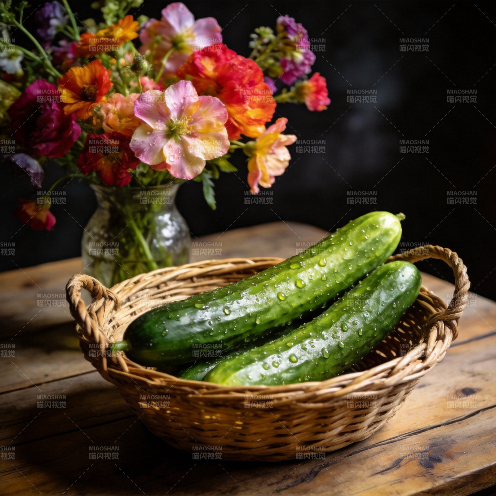 鲜嫩黄瓜与花束图片