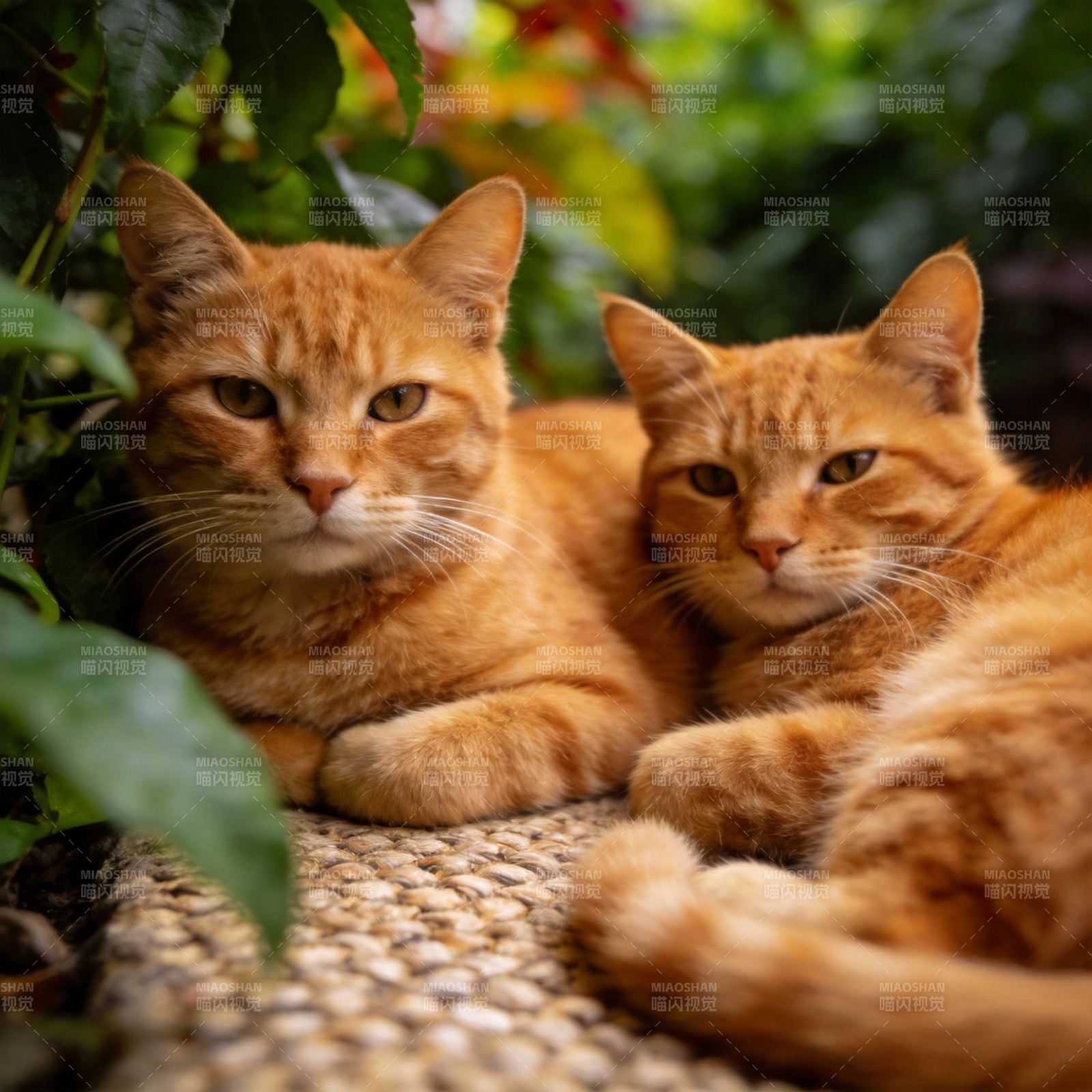双橙猫静卧绿意中图片