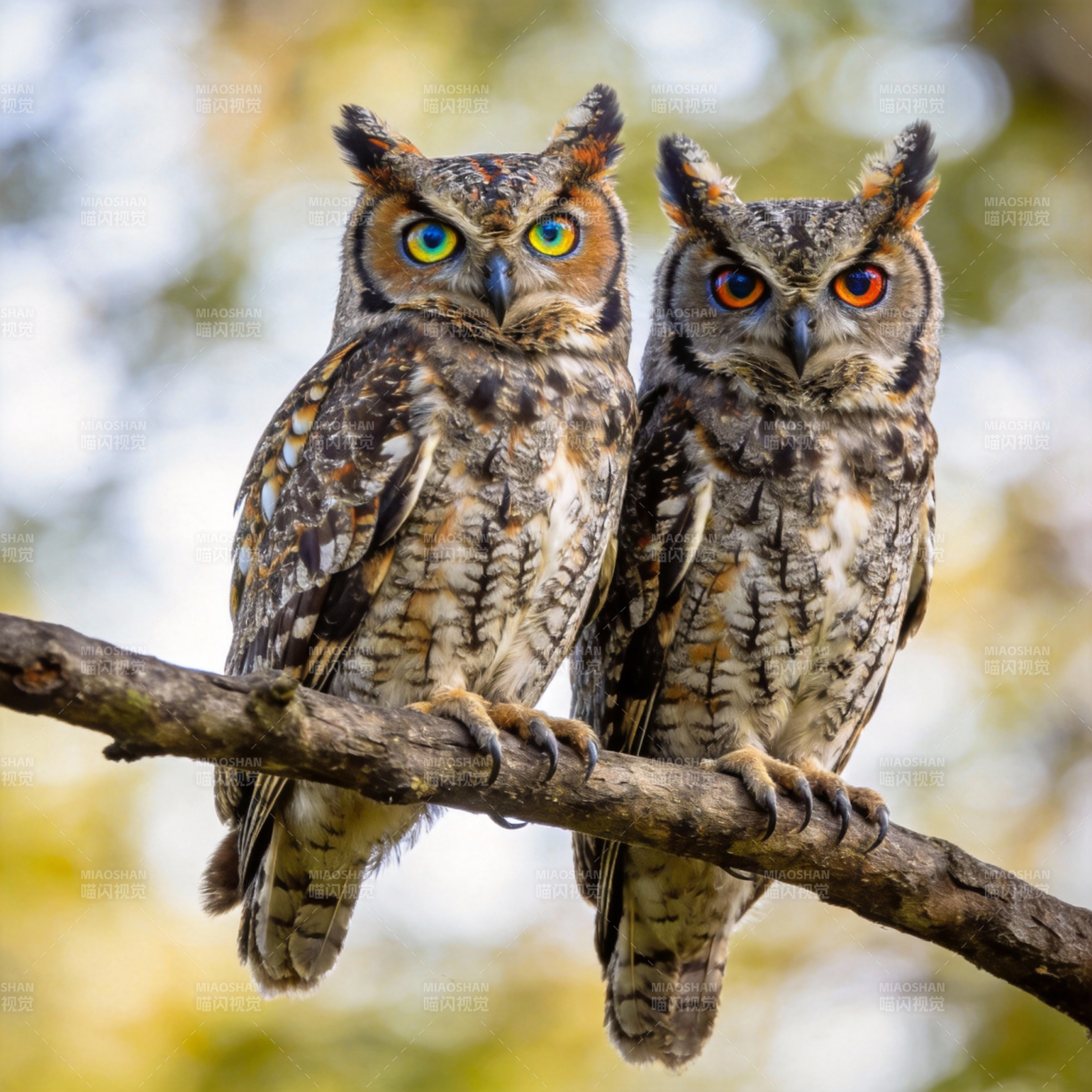双鸮栖枝 凝视远方图片