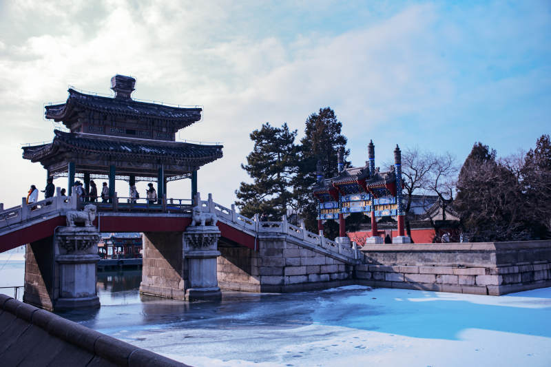颐和园古桥雪景映亭台图片