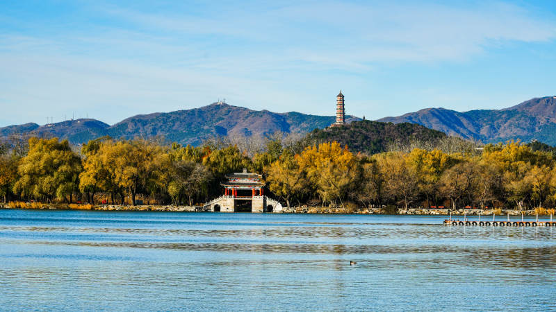 颐和园湖光山色塔影图片