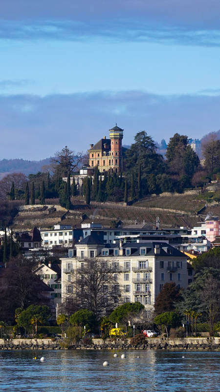 瑞士莫尔日湖光古堡的冬日限定画面图片