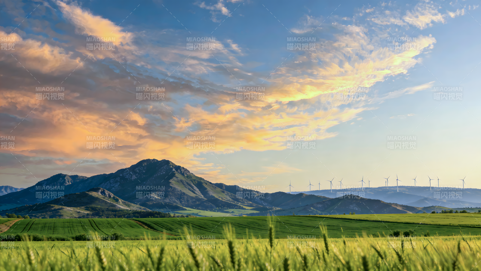 山野风车晚霞图图片