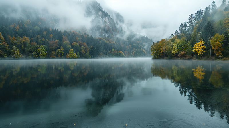 雾锁秋湖镜图片