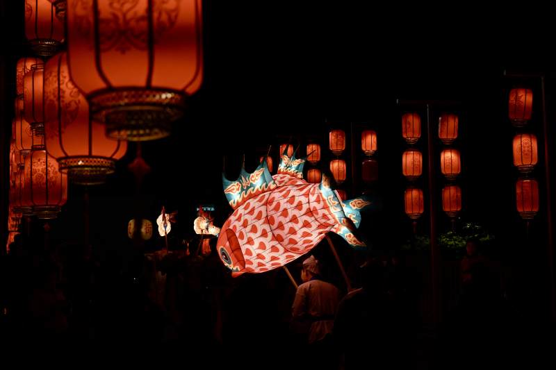 连心岛夜市灯影鱼戏图片