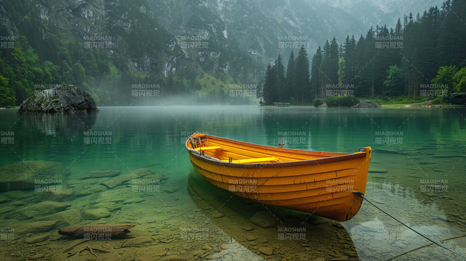 湖畔孤舟静谧景图片