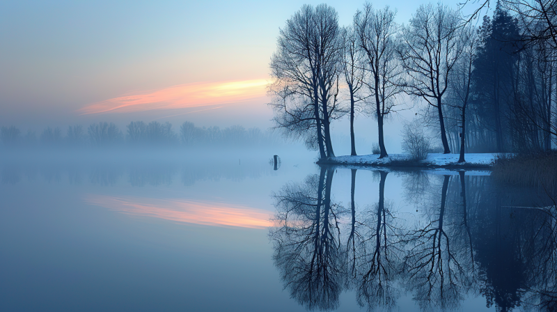 晨雾湖畔树影图片