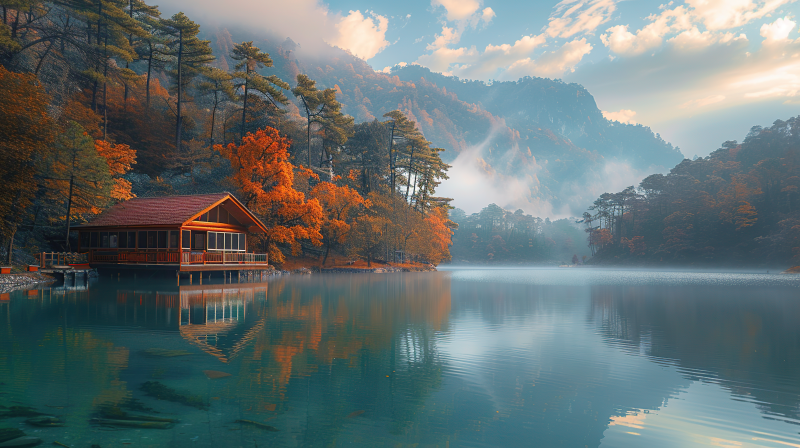 秋湖静谧山居图片