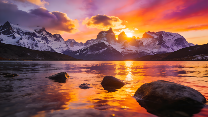 雪山日落倒影湖图片