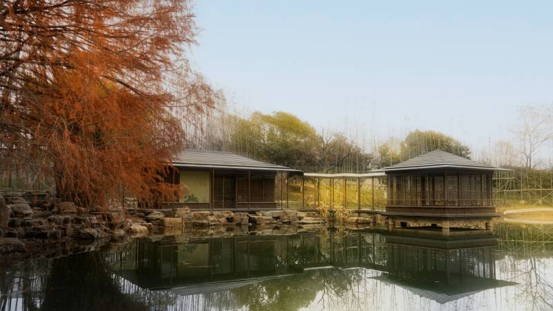 湖畔秋景小屋芜湖市神山公园图片