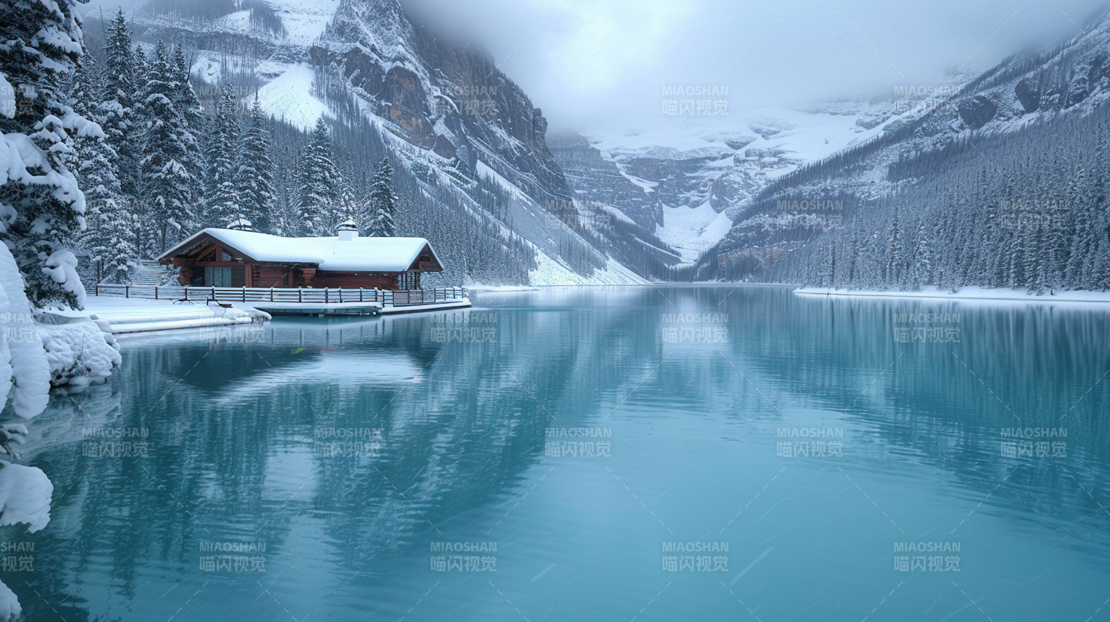 雪湖木屋静谧冬景图片