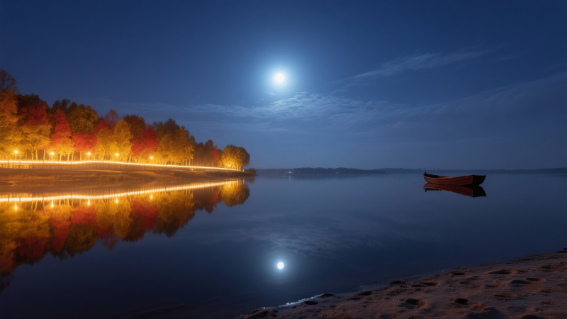 月夜湖畔静谧景图片